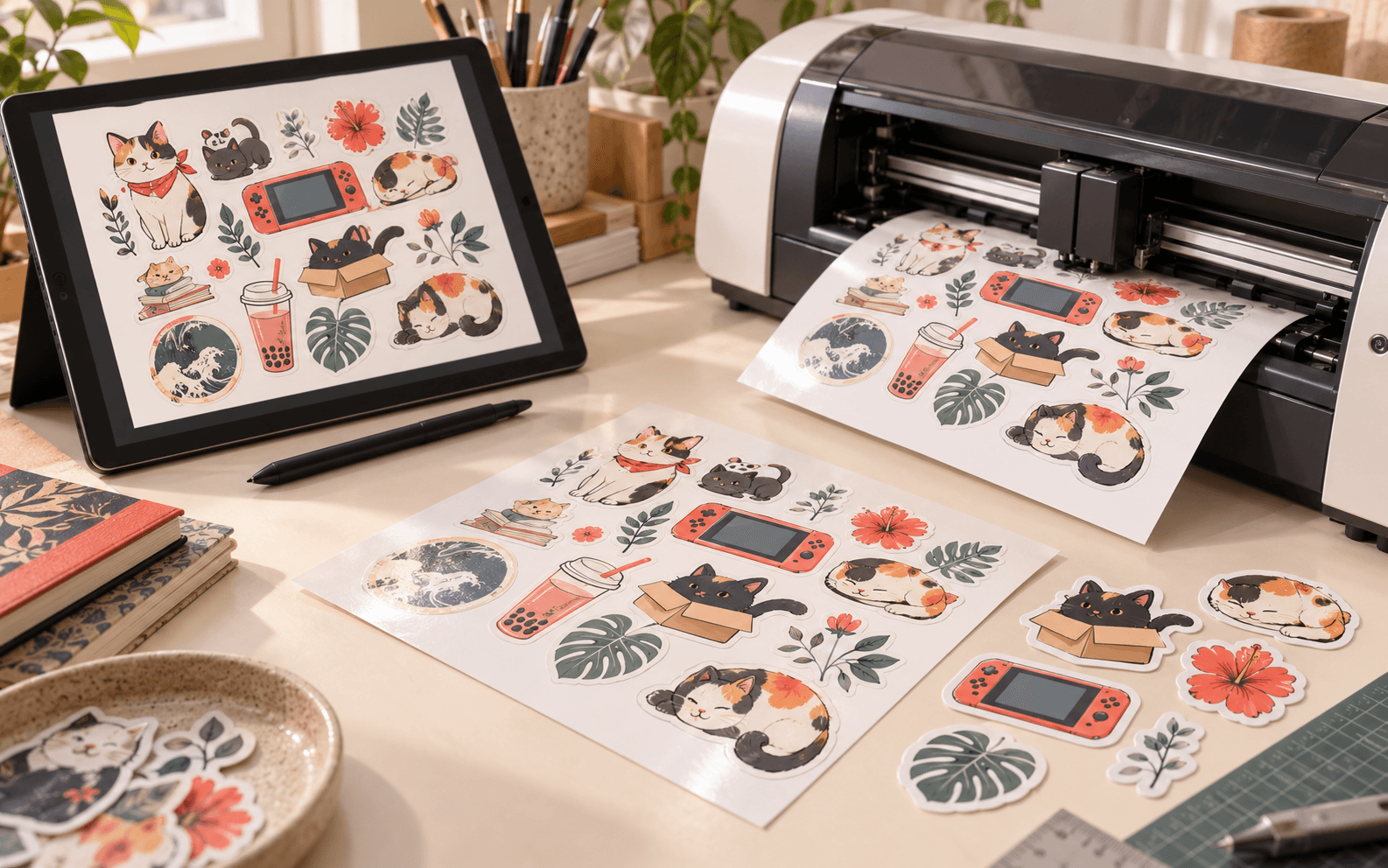 Tablet artwork and stickers being printed