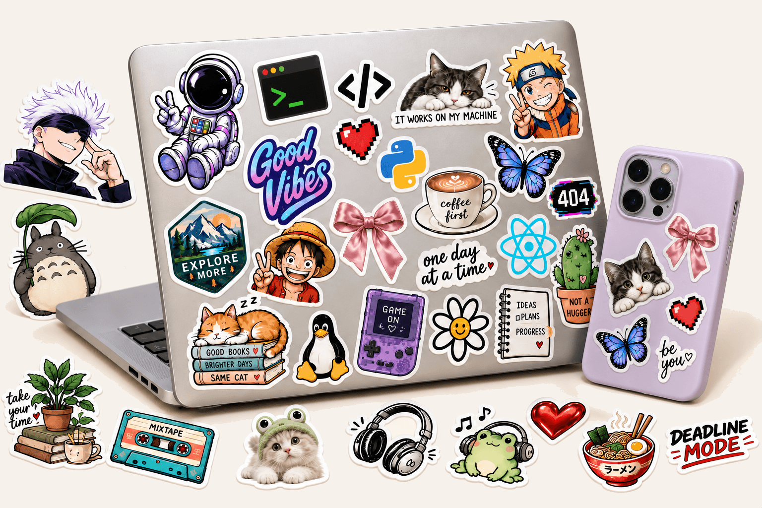 Laptop and phone covered in stickers