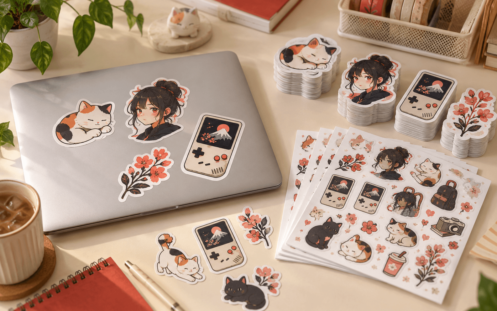 Laptop stickers and bulk sticker sheets on a desk